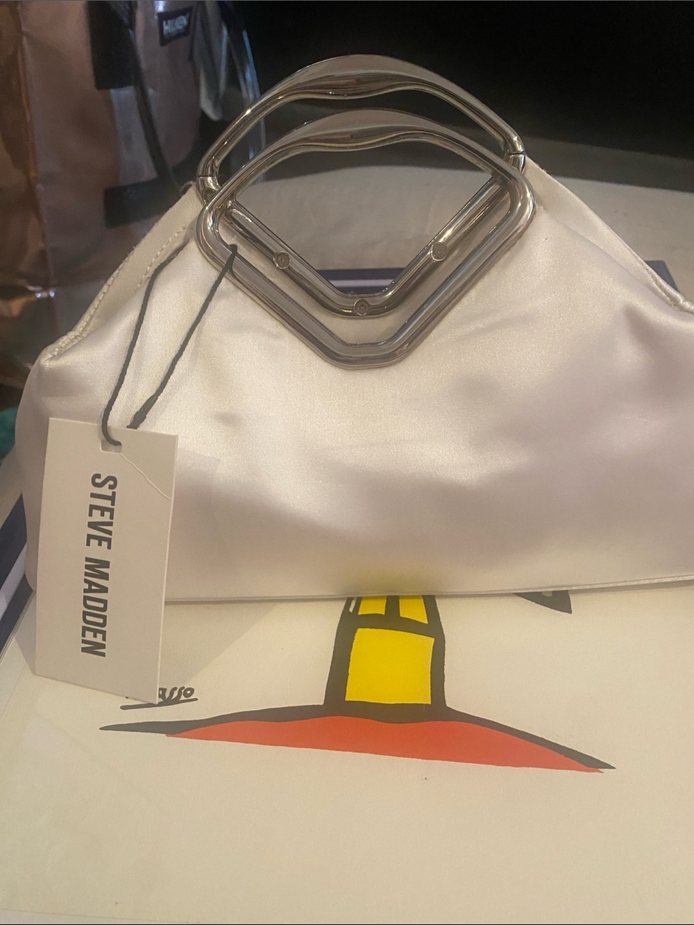 Steve Madden Ivory Satin Clutch with Geometric Silver Handles